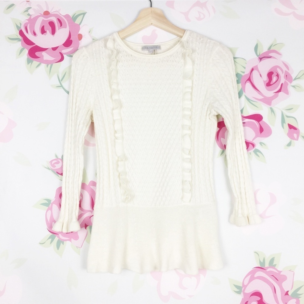 1. State Ivory Ruffle Peplum Knit Cotton Blend Sweater S